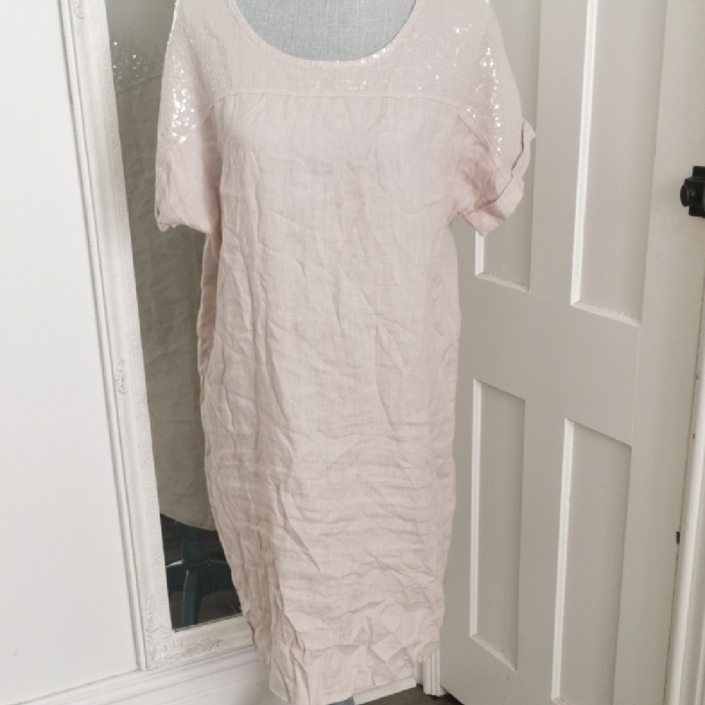 Women's Midi Linen Dress with Sequin Shoulders - Soft Blush